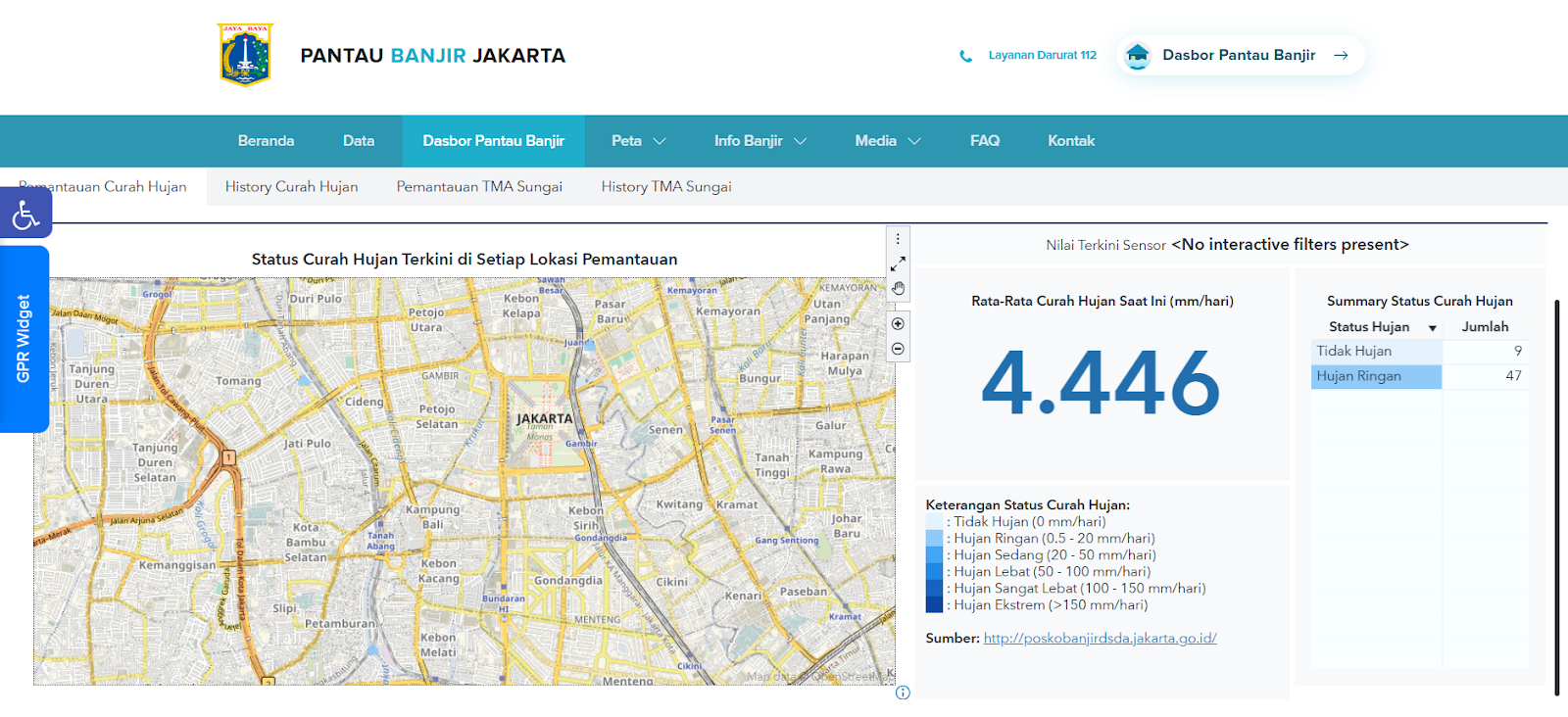 Flood Monitoring Dashboard view on&nbsp;pantaubanjir.jakarta.go.id