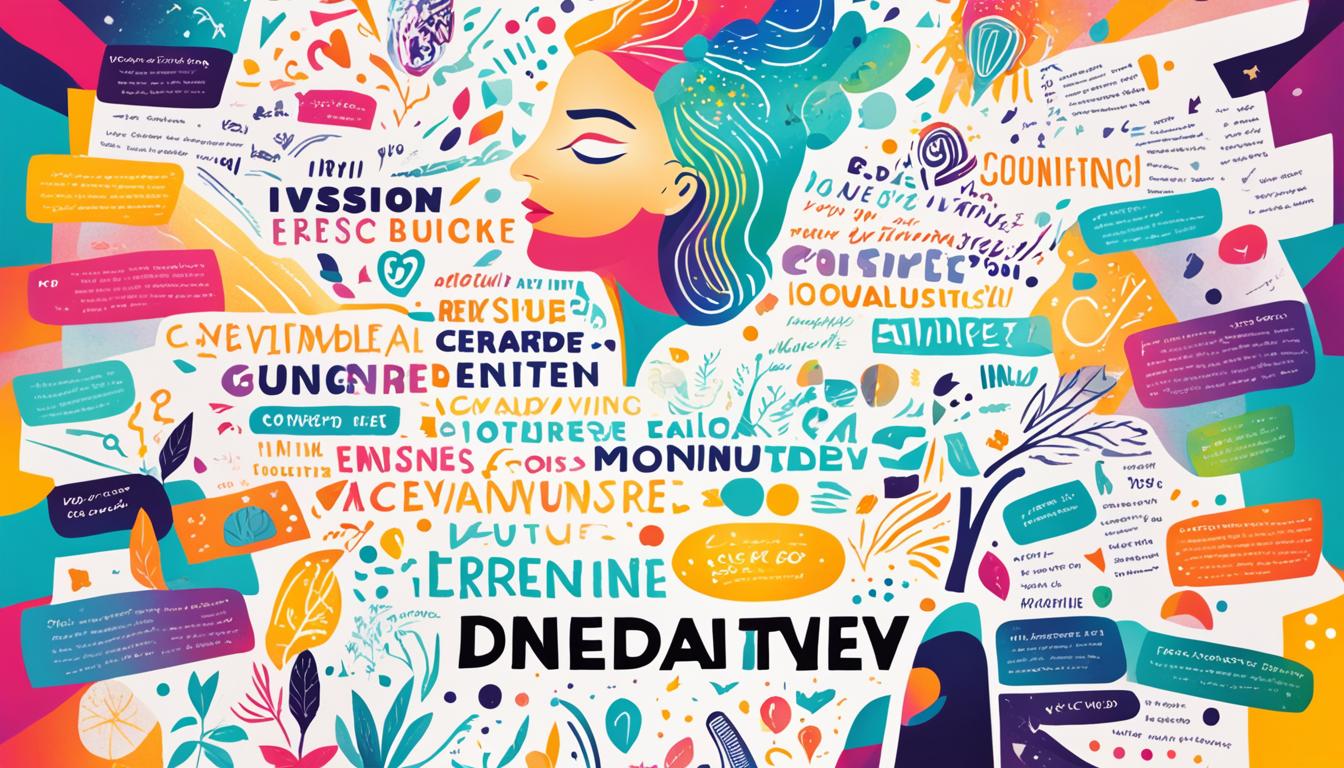 An image of a person staring up at a glowing vision board, surrounded by various images and words representing their desired future self. The person has a confident and determined expression as they envision themselves achieving their goals and living their ideal life. The vision board is filled with vibrant colors and inspiring visuals that evoke positive emotions and motivation within them. In the background, the world around them fades away as they focus solely on manifesting their dreams into reality.