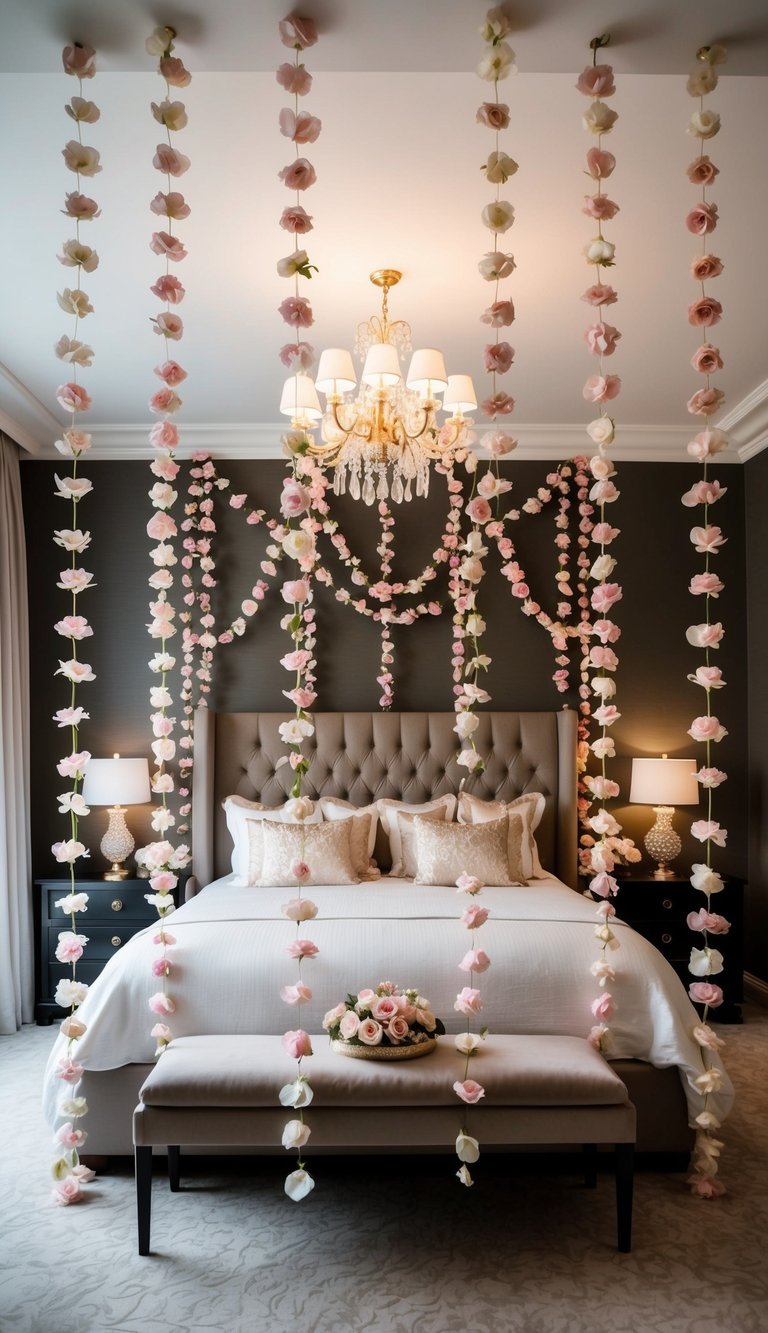 A luxurious master bedroom adorned with rose petal garlands, creating a romantic and elegant atmosphere