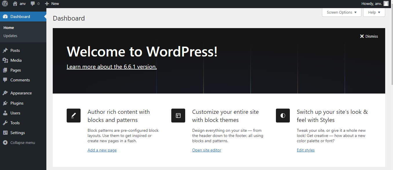 a screenshot of WordPress dashboard after log in 