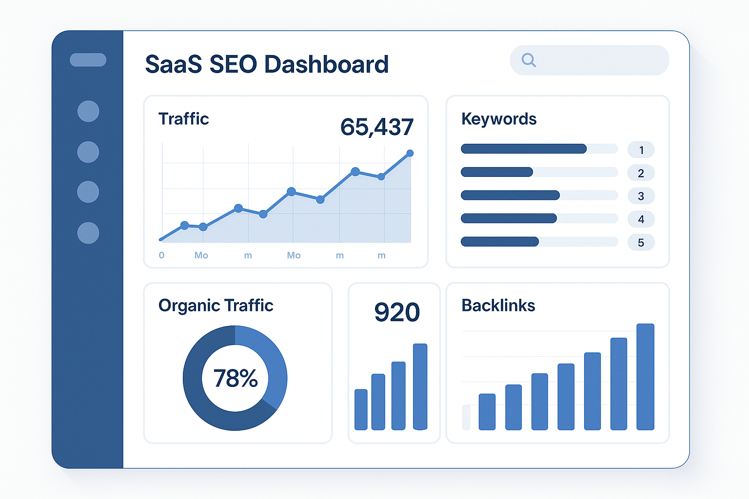 SaaS company analytics dashboard showing organic traffic growth and keyword rankings for SEO performance