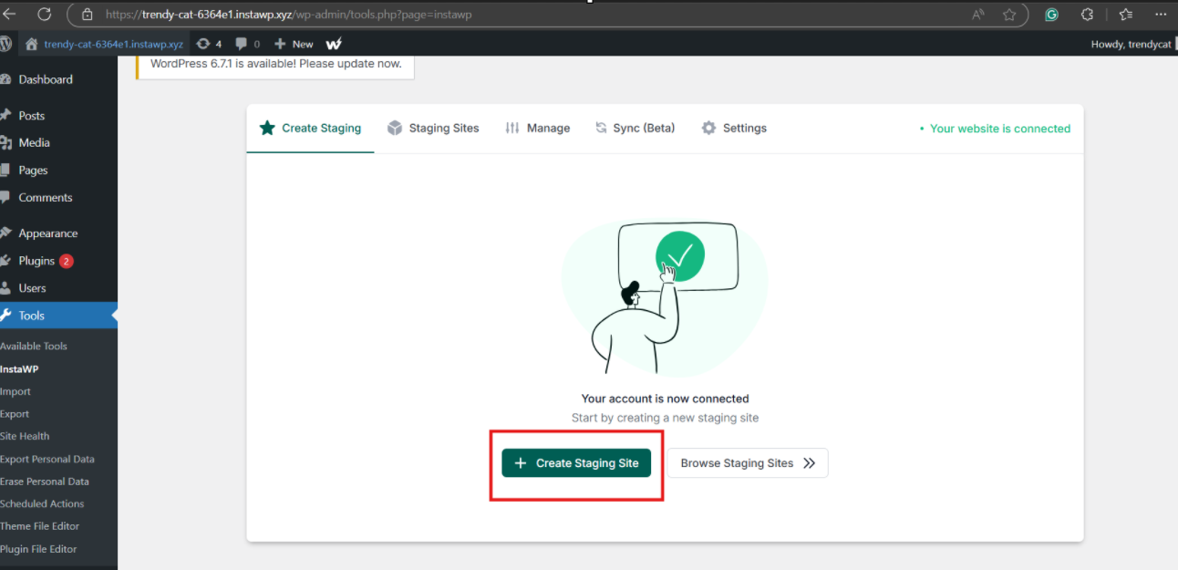 Click on Create Staging Site option to create staging site using InstaWP. 