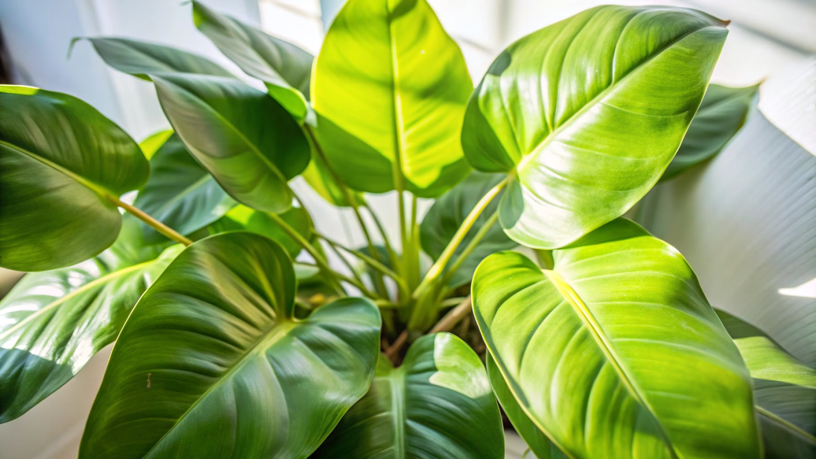 Pacová com folhas largas e brilhantes em jardim tropical sombreado.