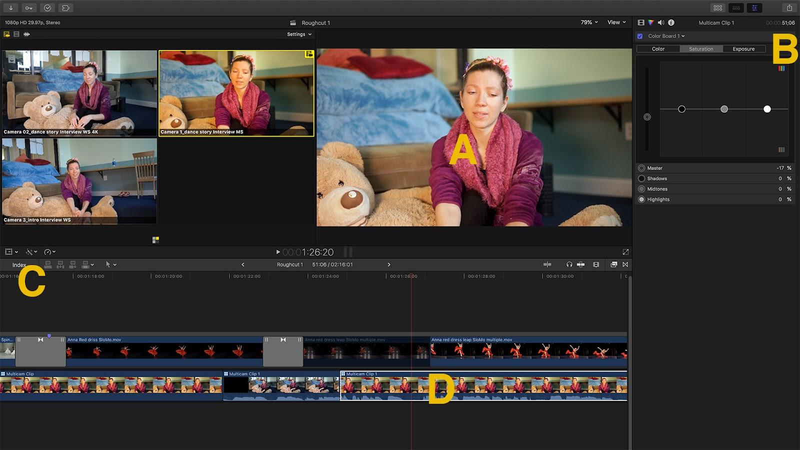 Final Cut Pro window with four options. A is on the clip in the viewer, B is on the color board, C is the Index icon, D is a clip in the timeline