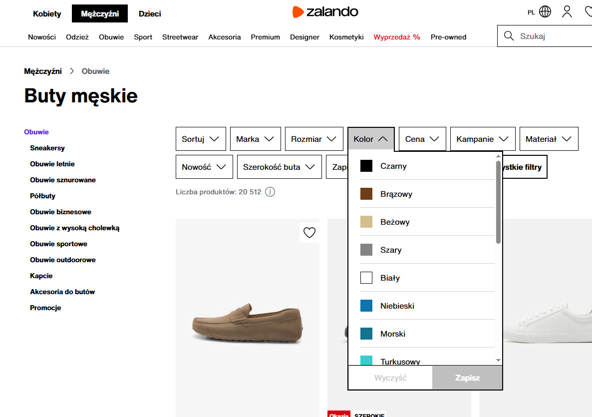 Przykład nawigacji z filtrami w serwisie Zalando.