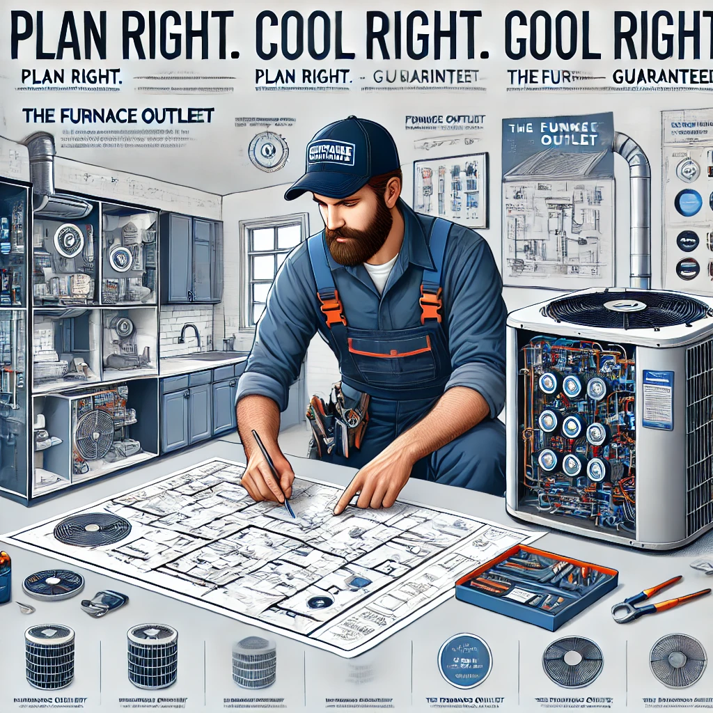 A licensed HVAC technician installs a central AC unit while referencing blueprints, surrounded by tools and components, with “Plan Right. Cool Right. Guaranteed.” and The Furnace Outlet logo overlayed in brand-themed colors.