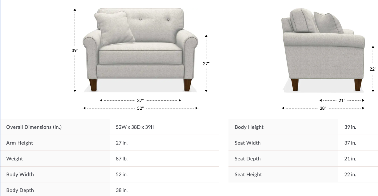 laurel chair and a half size and dimensions