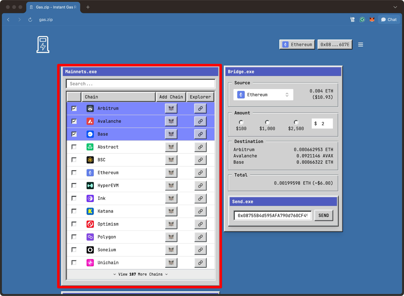 Gas.zip UI showing multiple selected destination chains—Arbitrum, Avalanche, and Base—for gas bridging from Ethereum, with calculated amounts and total transaction cost
