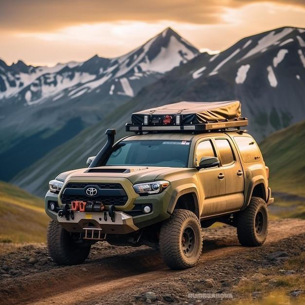 automobile model on a dirt road with mountains in the background