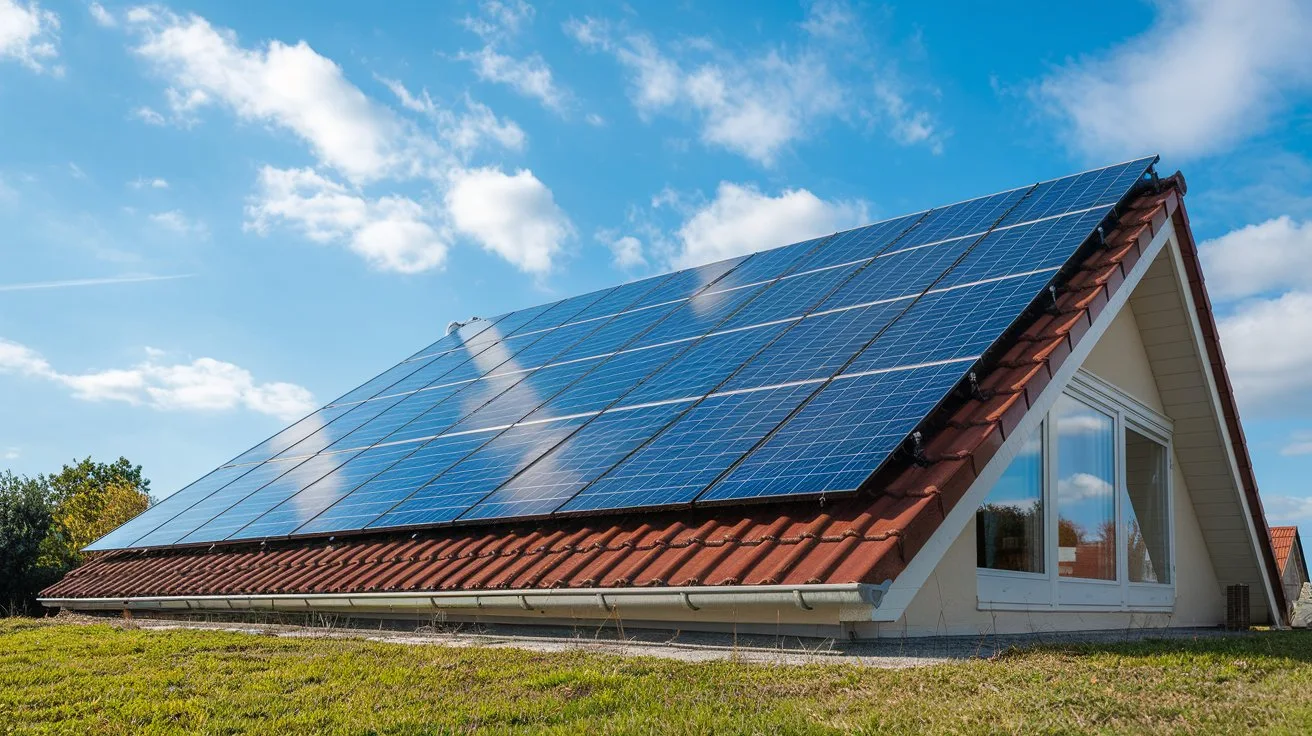 Solar panels on a roof capturing sunlight with a blue sky in the background.