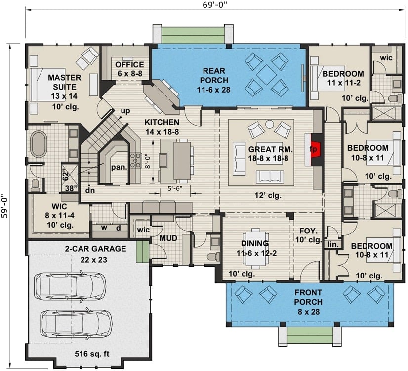 Main level floor plan of a two-story 4-bedroom New American home with front and rear porches, foyer, great room, formal dining room, kitchen, office, four bedrooms, and a mudroom leading to the double garage.