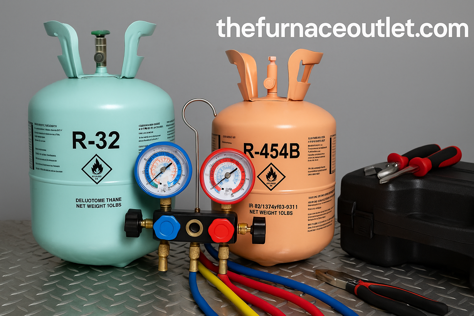 A digital photograph features two refrigerant cylinders—R-32 in light blue and R-454B in peach—positioned on a diamond-plate metal floor with HVAC gauges and technician tools. Branding for The Furnace Outlet appears in the background, reflecting 2025's focus on A2L refrigerant safety training.