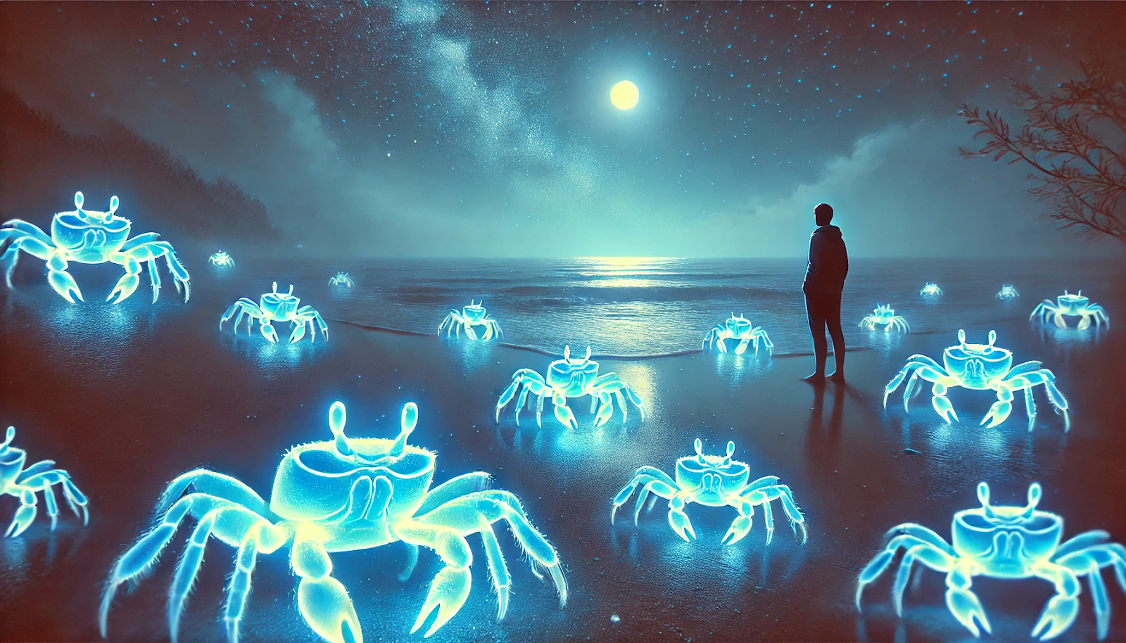 A surreal nighttime beach scene where a person stands surrounded by glowing blue crabs. The crabs emit a soft light, creating a mystical atmosphere under the moonlit sky with a calm sea in the background.