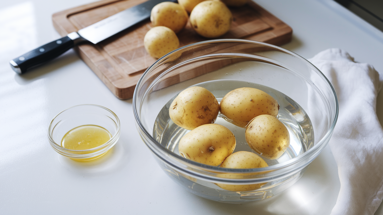 Create a realistic image of a kitchen countertop with a cutting board, a sharp knife, and several peeled potatoes in a clear glass bowl filled with water, alongside a small dish of lemon juice and a white cloth, all under bright overhead lighting to emphasize the freshness and cleanliness of the scene.