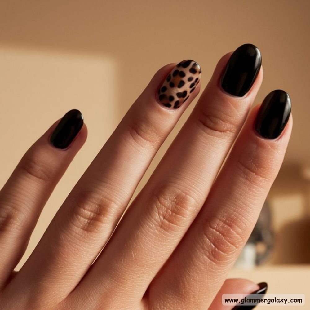 Neutral Leopard Print Nails having Glossy Black with Discreet Leopard Print
