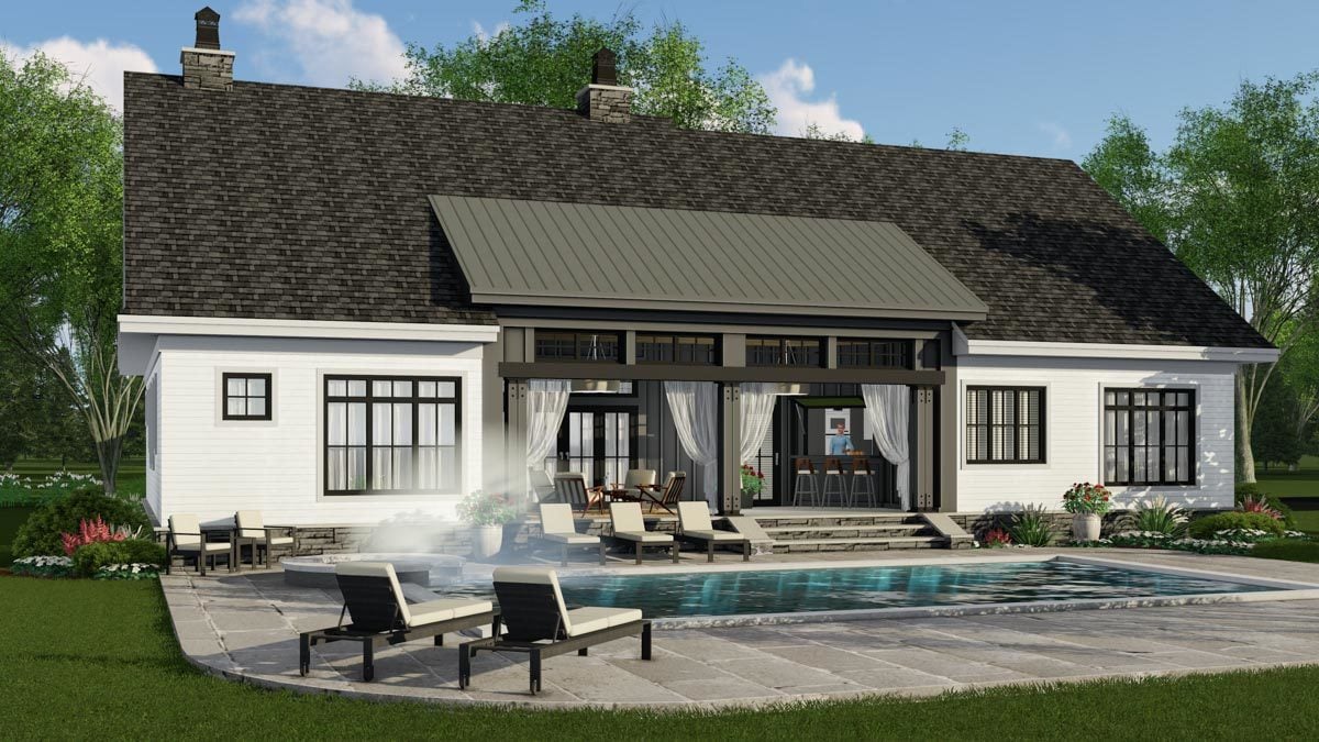 Rear-right rendering of the two-story 4-bedroom New American home.