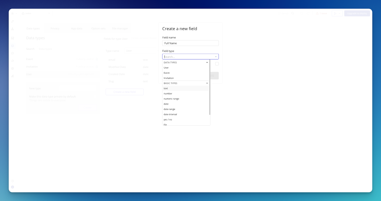 Selecting a field type when creating a new field on Bubble