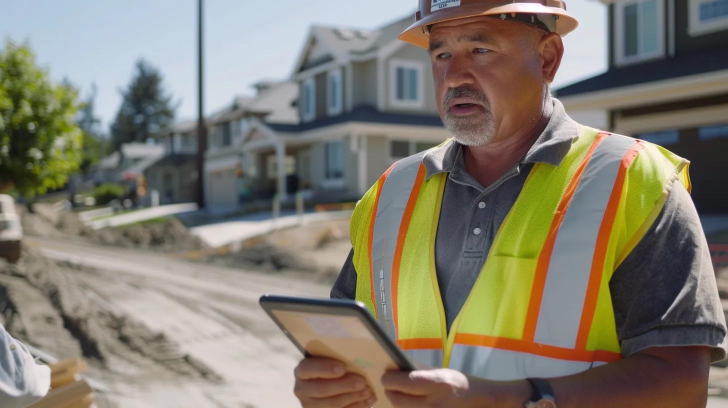 A construction project manager in a reflective vest using a tablet on-site, coordinating with workers, reviewing digital blueprints, and checking a project schedule dashboard.
