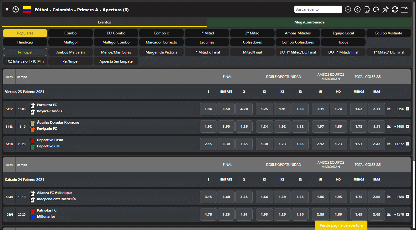 Megapuesta seleccionar partidos y mercados