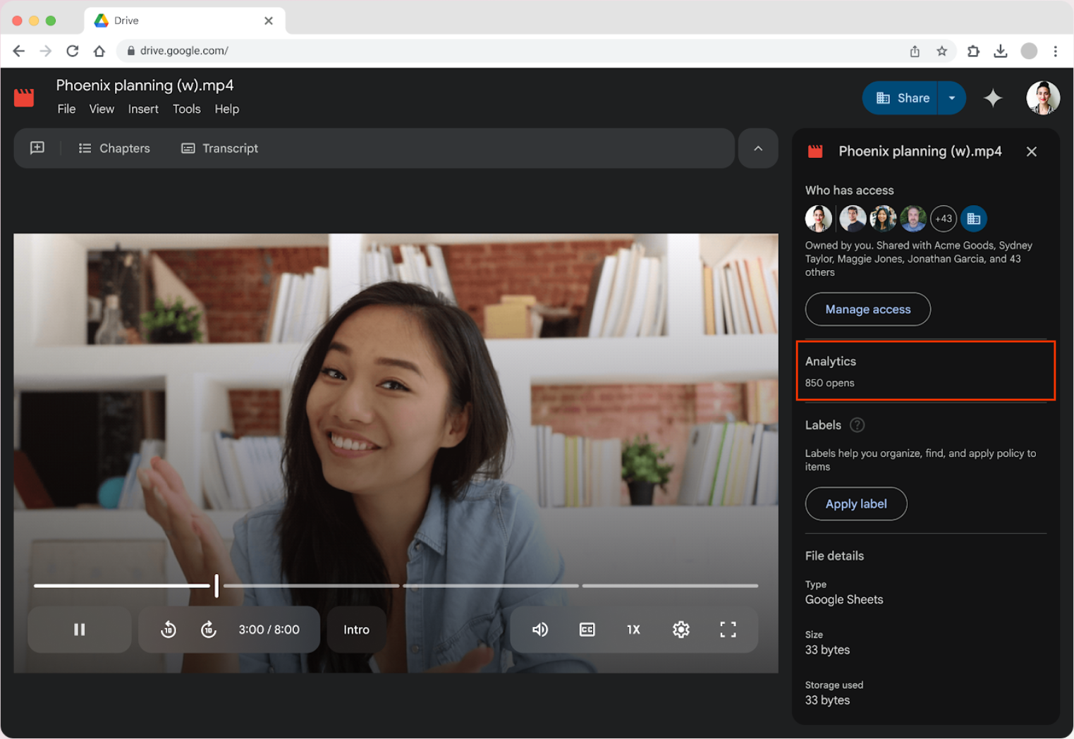 see the total number of times a video is opened under a new Analytics section within the Details panel