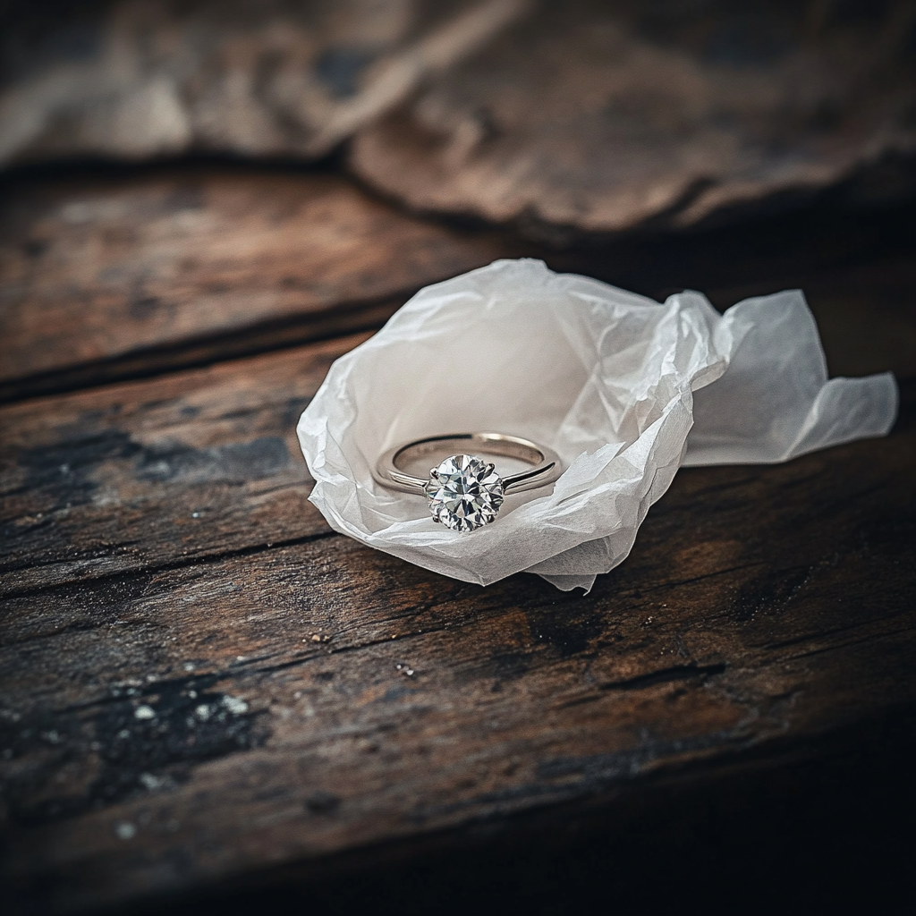 A wedding ring wrapped in a tissue lying on an old wooden table | Source: Midjourney