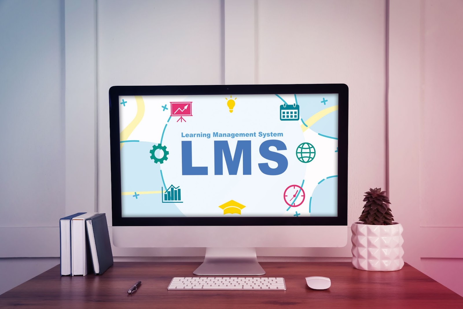 Learning Management System. Computer monitor with different icons and abbreviation LMS on screen.
