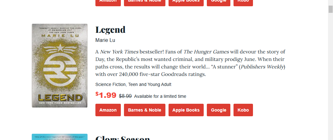 a screenshot of legend book one of  BookBub Science Fiction Deals