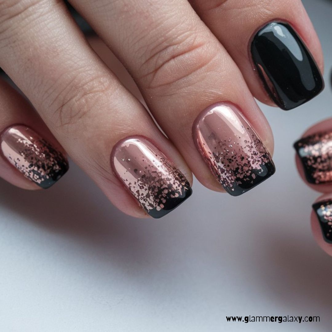 Black and Rose Gold Nail Designs having Full Black Nails with Rose Gold Glitter Fade
