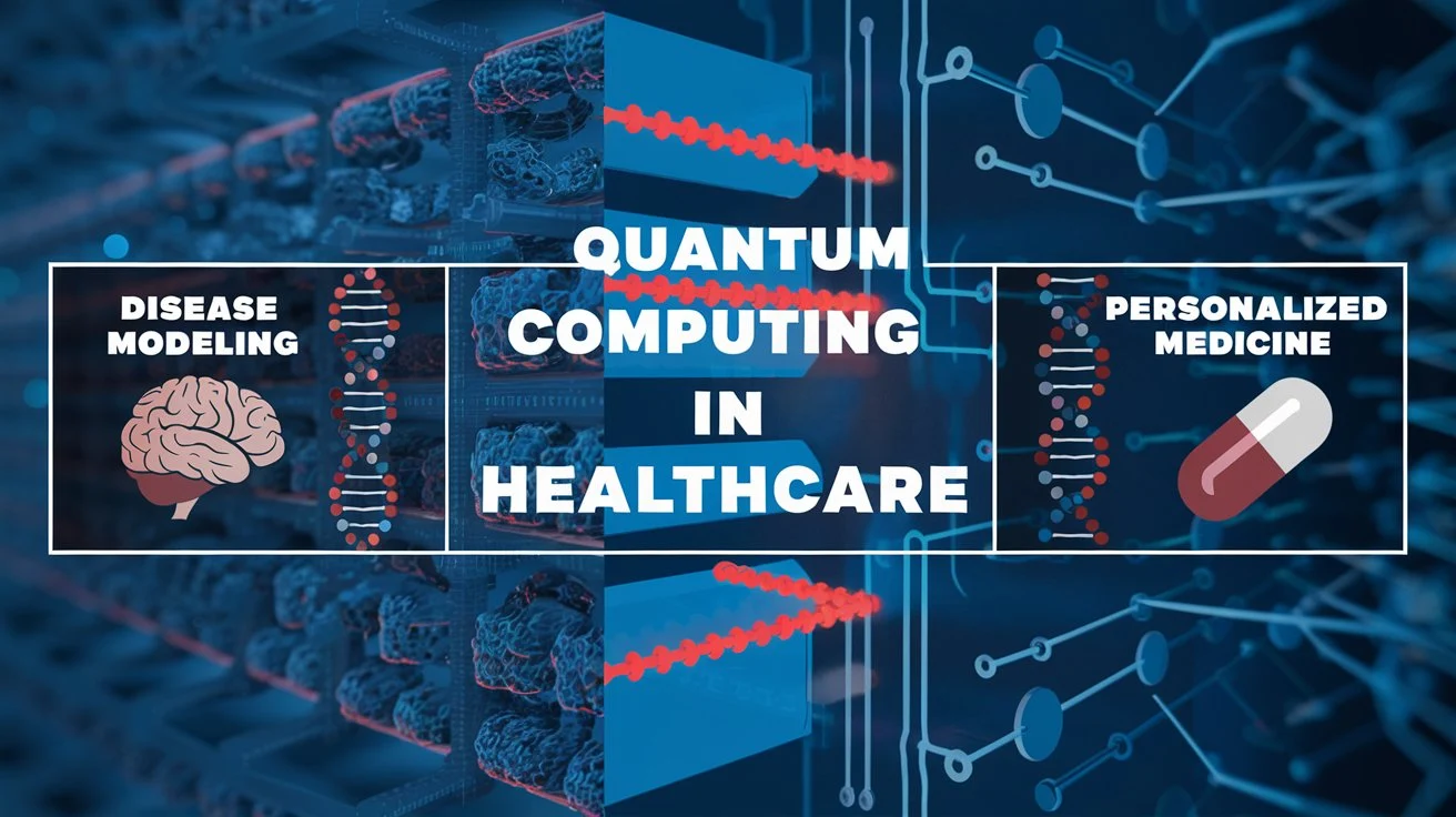  Graphic depicting quantum computing's role in healthcare, including disease modeling and personalized medicine.