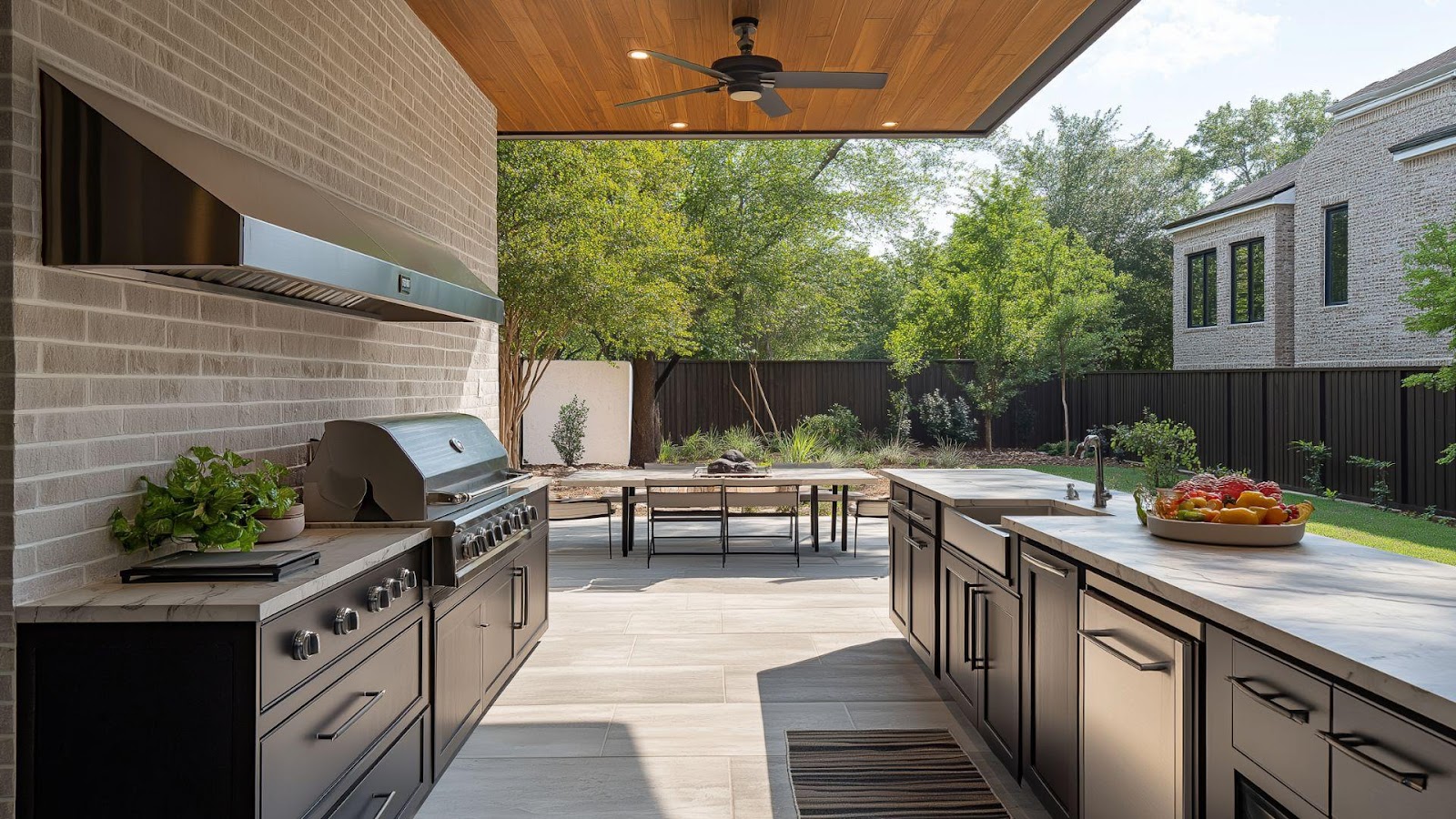 A patio with a grill and a table

AI-generated content may be incorrect.
