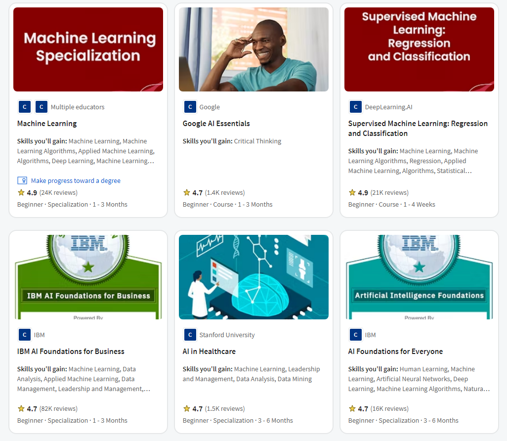 Popular AI courses for reskilling or upskilling