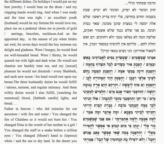 best jewelry. I would beat on the drum / and my clapping hands would ring. And when I was ready and the time was right / an excellent youth (husband) would be my fortune. He would love me, place me on a pedestal / dress me in jewels of gold / earrings, bracelets, necklaces. And on the appointed day, in the season of joy when brides are wed, for seven days would the boy increase my delight and gladness. Were I hungry, he would feed me well-kneaded bread. Were I thirsty, he would quench me with light and dark wine. He would not chastise nor harshly treat me, and my [sexual] pleasure he would not diminish / every Shabbath, and each new moon / his head would rest upon my breast. The three husbandly duties he would fulfill / rations, raiment, and regular intimacy. And three wifely duties would I also fulfill, [watching for menstrual] blood, [Sabbath candle] lights, and bread... Father in heaven / who did miracles for our ancestors / with fire and water / You changed the fire of Chaldees so it would not burn hot / You changed Dina in the womb of her mother to a girl / You changed the staff to a snake before a million eyes / You changed (Moses') hand to (leprous) white / and the sea to dry land. In the desert you