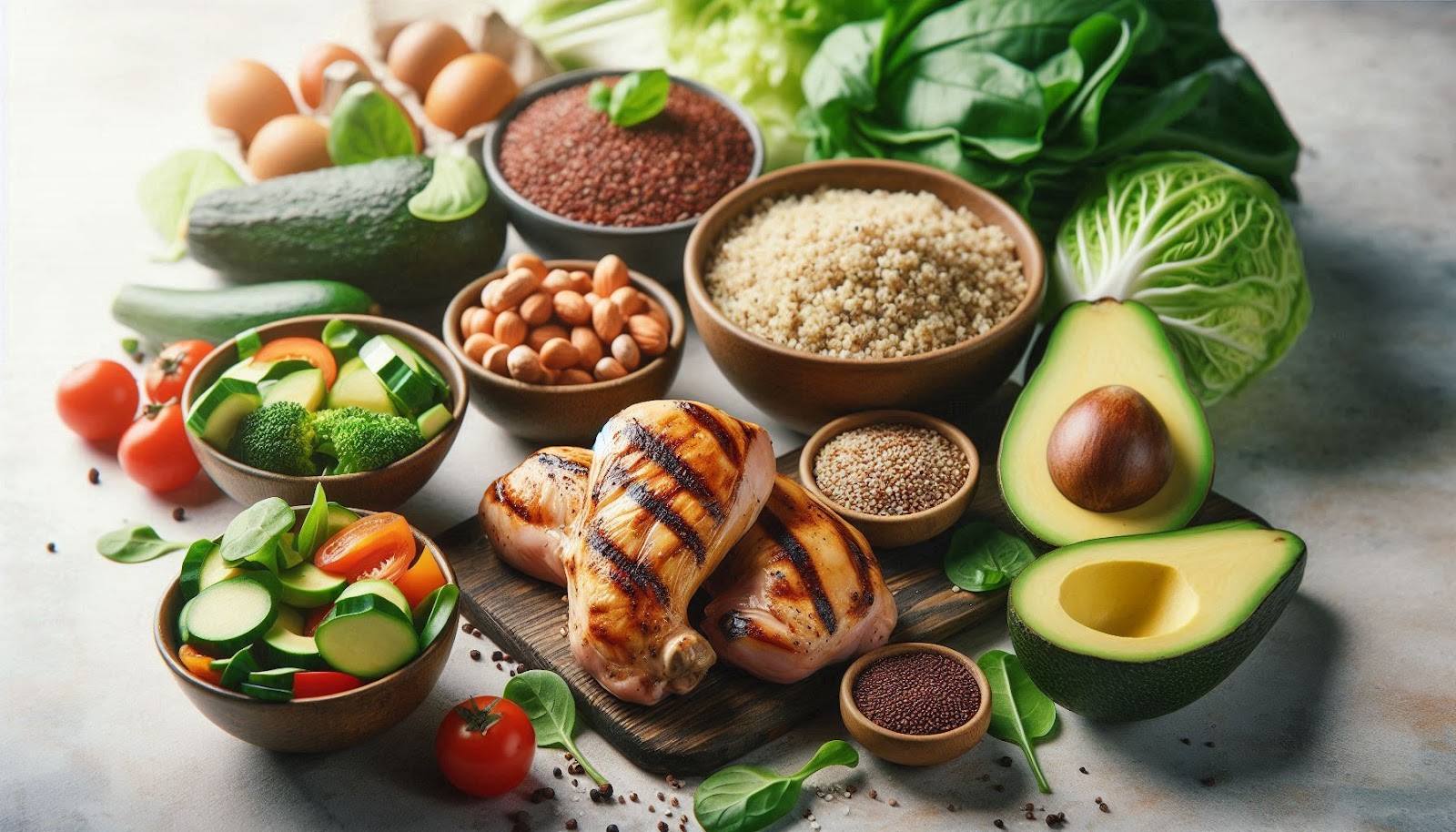 Healthy eating guide - Healthy macronutrient-rich foods including protein, quinoa, vegetables, and healthy fats for a balanced diet.