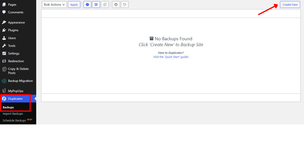 Create a New Backup with Duplicator