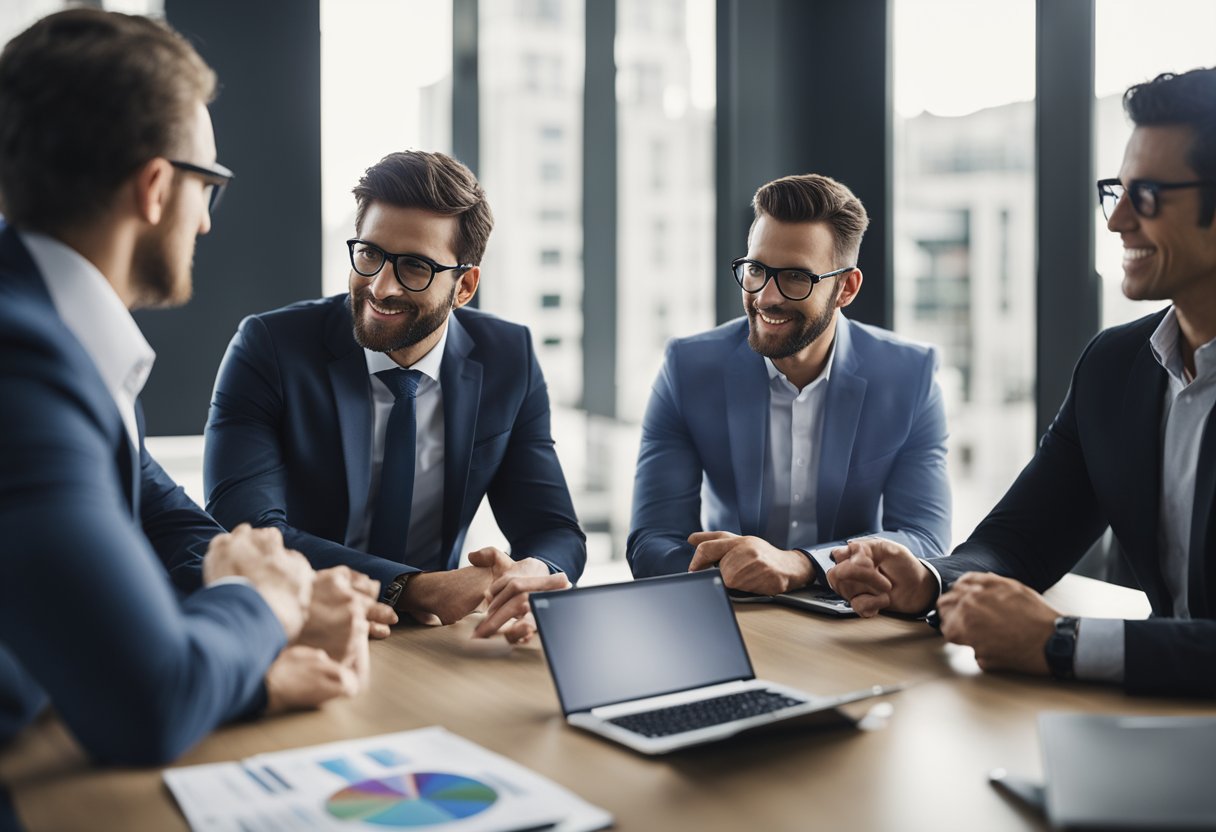 A group of professionals discussing SEO strategies around a conference table with laptops and charts