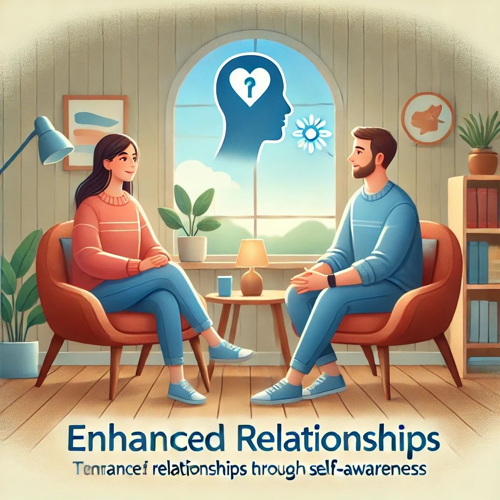 Two people having a meaningful conversation in a cozy setting, illustrating enhanced relationships through self-awareness, with one person attentively listening and the other speaking.