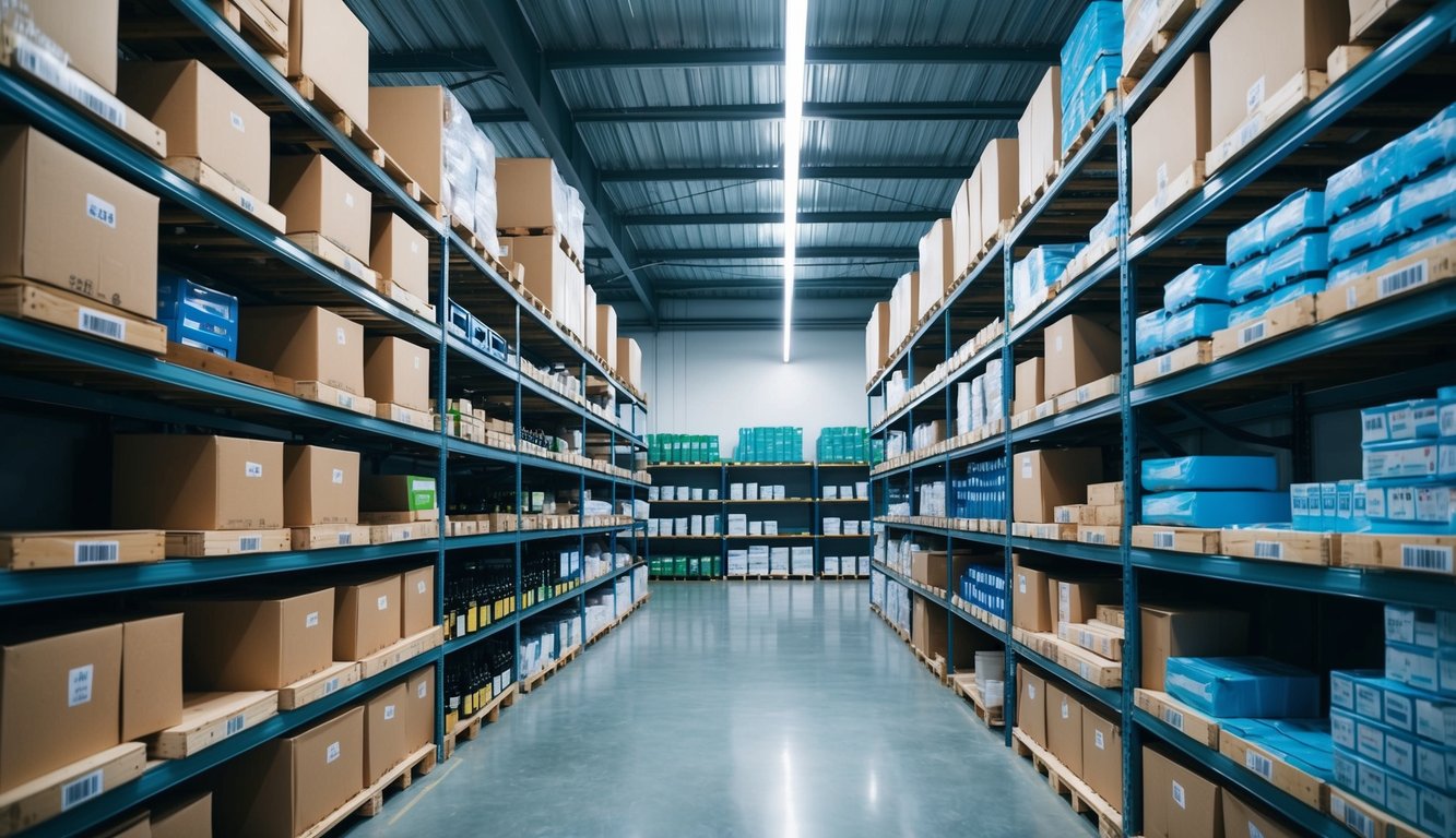 A modern warehouse with shelves stocked with various products, organized with barcode labels and equipped with automated inventory management software