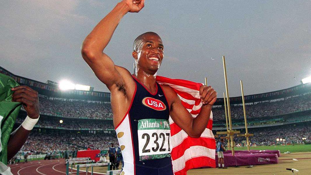 A photo of Derrick Adkins after he won a gold medal at the 1996 Summer Olympics. 