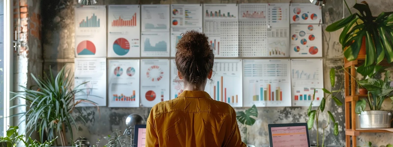 a person surrounded by charts and graphs, analyzing market data for target audience identification.