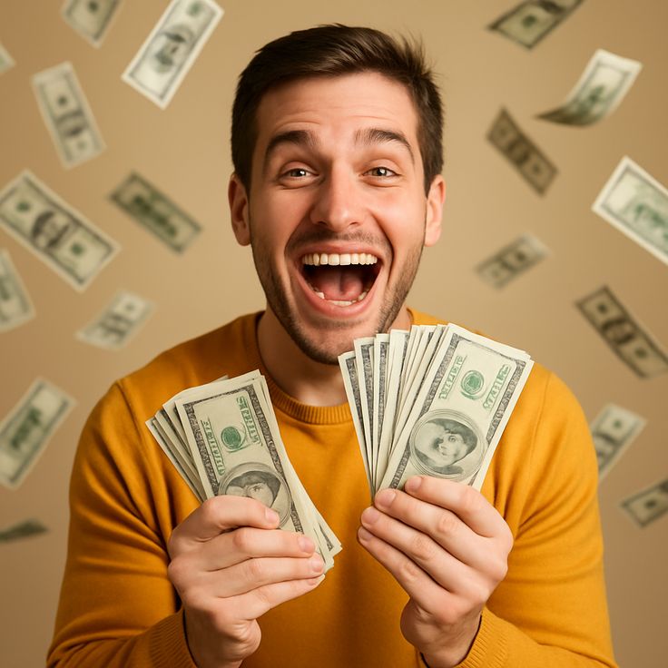 A young man excited about the sight of money (probably made from his decision to monetize music bingo)