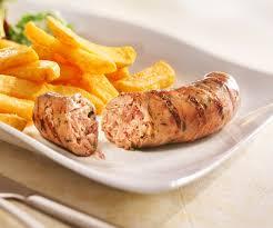 A plate of food with a piece of sausage and french fries

Description automatically generated