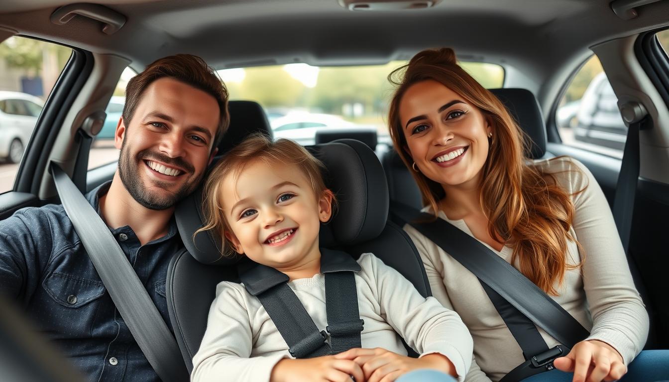 Family safely traveling in rental car with properly installed car seat