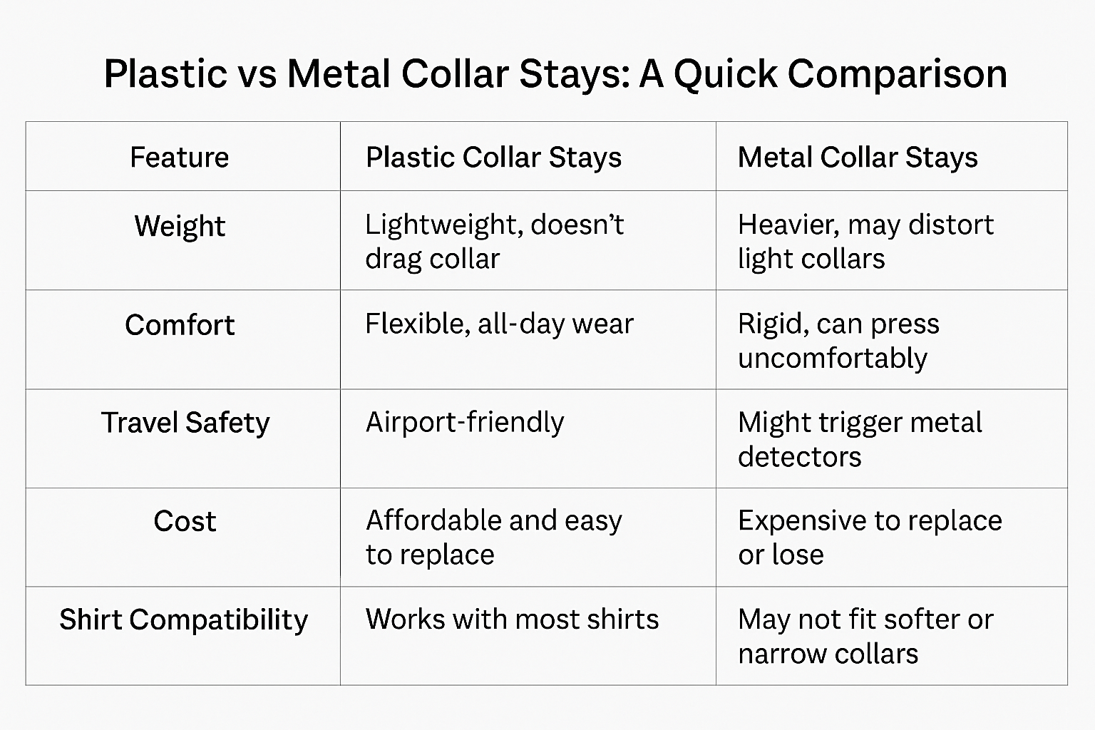 Comparison table of plastic and metal collar stays