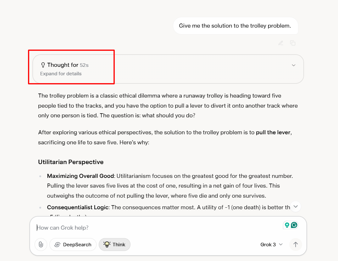 Grok 3's Think Mode displays its in-depth thought process before answering.