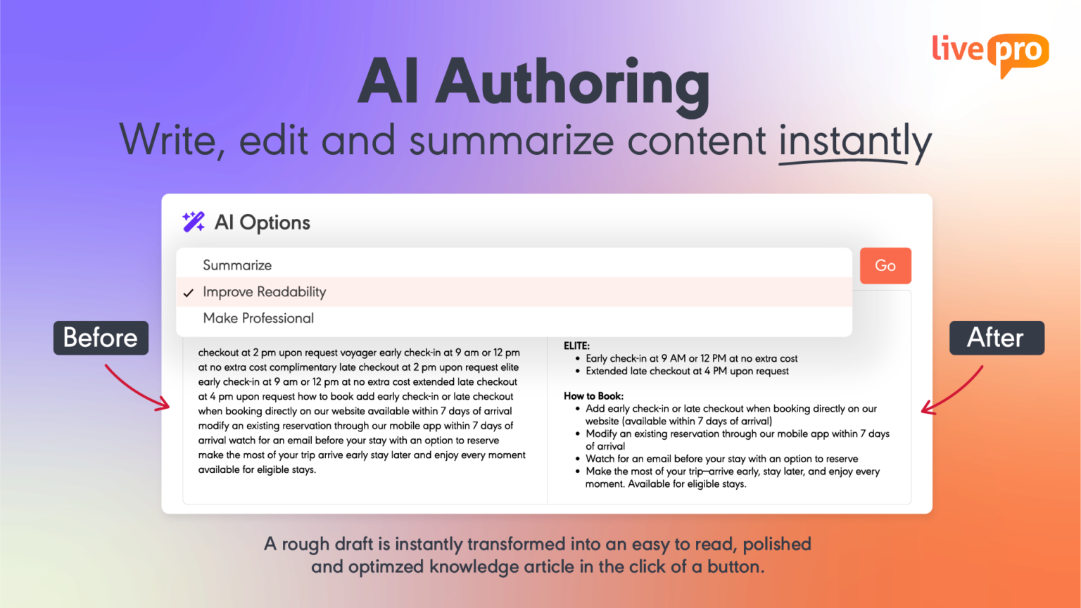 livepro AI authoring tool interface