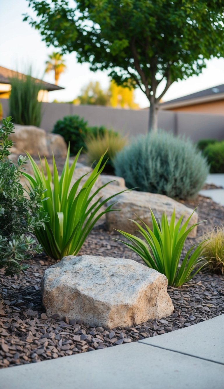 A rocky groundcover landscape with drought-tolerant plants in a front yard