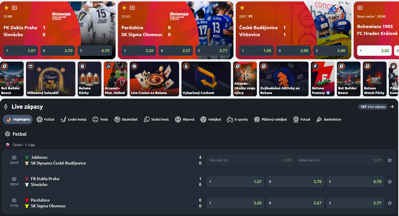 Live sázky a live streaming v aplikaci Betano