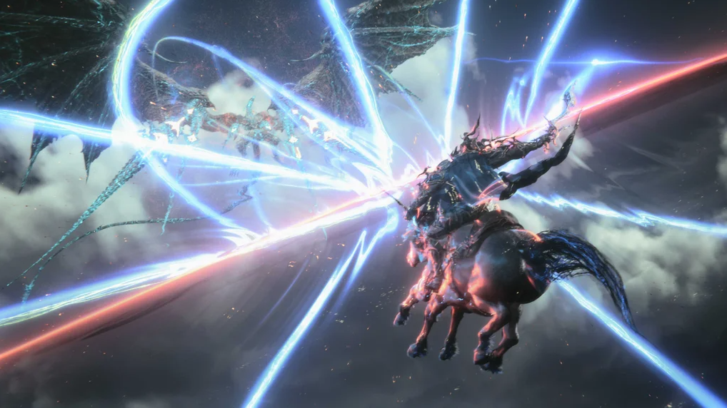 A man riding a unicorn in the space and fighting