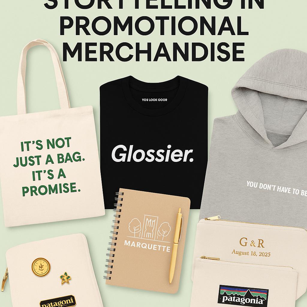 A flat lay of all 5 stylish and captivating example of storytelling in promotional merchandise.