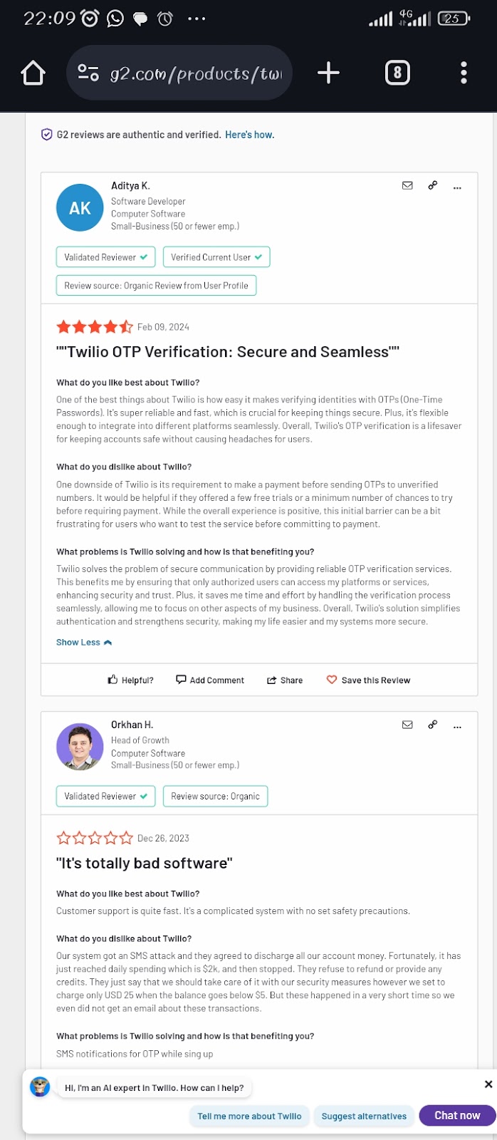 Customer's review on Twilio's security.